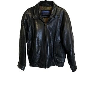 Club House Vintage 80's Black Leather Bomber Jacket Quilted Pheasant Lining S